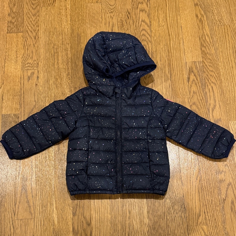 Baby GAP girls Navy Hooded Puffer Jacket w/ Rainbow Glitter 2T GREAT CONDITION